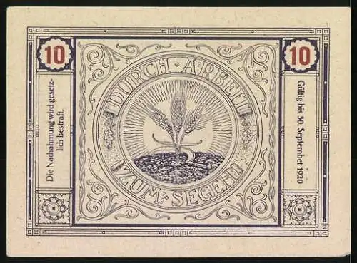 Notgeld Bischofstetten 1920, 10 Heller, Stadtansicht und Weizenähre mit Spruch Durch Arbeit zum Segen