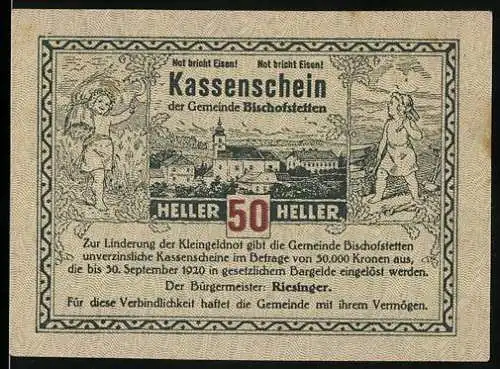 Notgeld Bischofstetten 1920, 50 Heller, Stadtansicht und Arbeitssymbol, gültig bis 30. September 1920