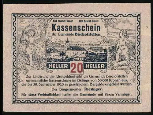 Notgeld Bischofstetten 1920, 20 Heller, Stadtansicht und Arbeitssymbol mit Weizenmotiv