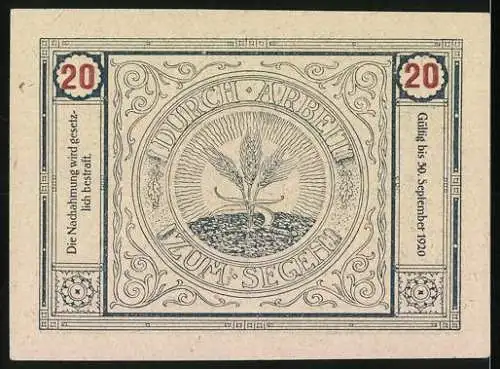 Notgeld Bischofstetten 1920, 20 Heller, Stadtansicht und Arbeitssymbol mit Weizenmotiv