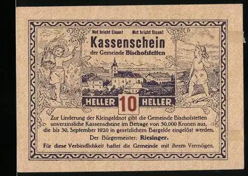 Notgeld Bischofstetten 1920, 10 Heller, Dorfszene und Kornmotiv, gültig bis 30. September 1920