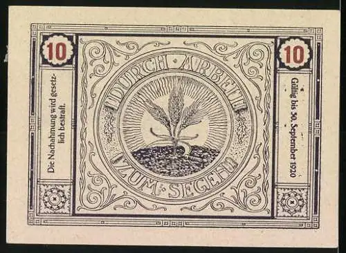 Notgeld Bischofstetten 1920, 10 Heller, Dorfszene und Kornmotiv, gültig bis 30. September 1920