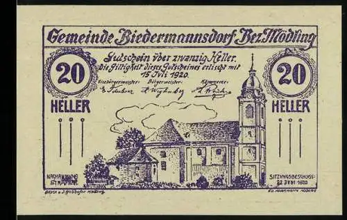 Notgeld Biedermannsdorf 1920, 20 Heller, Kirche und Landschaftsmotiv