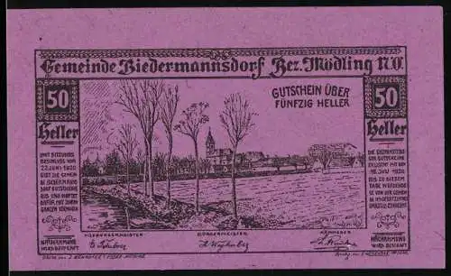 Notgeld Biedermannsdorf 1920, 50 Heller, Dorfansicht mit Kirche und Bäumen