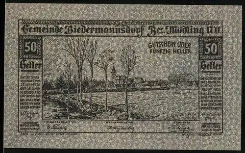 Notgeld Biedermannsdorf 1920, 50 Heller, Dorflandschaft mit Bäumen und Kirche