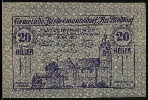 Notgeld Biedermannsdorf 1920, 20 Heller, Kirche und Landschaftsmotiv