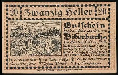 Notgeld Biberbach 1920, 20 Heller, Landschaftsmotiv mit Kirche und Text