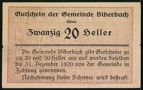 Notgeld Biberbach 1920, 20 Heller, Landschaftsmotiv mit Kirche und Text