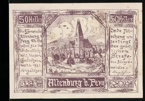 Notgeld Altenburg b. Perg 1921, 50 Heller, Kirche und Gemeindetext