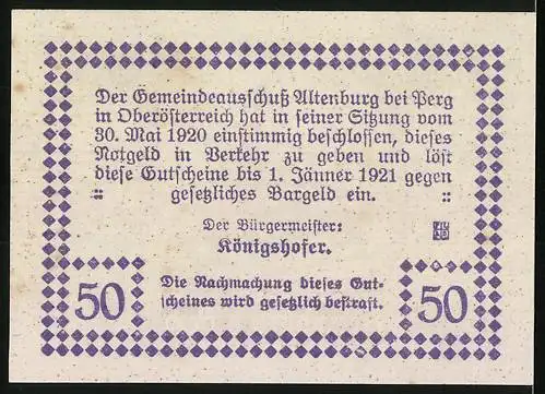 Notgeld Altenburg b. Perg 1921, 50 Heller, Kirche und Gemeindetext