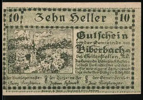 Notgeld Biberbach 1920, 10 Heller, Landschaftspanorama und Textgutschein