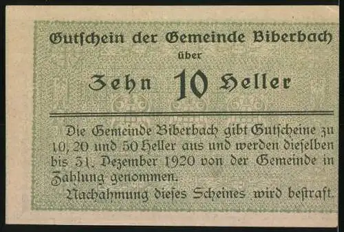 Notgeld Biberbach 1920, 10 Heller, Landschaftspanorama und Textgutschein