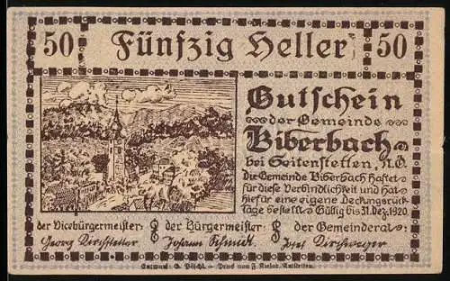 Notgeld Biberbach 1920, 50 Heller, Landschaftsmotiv mit Kirche und Dorfansicht