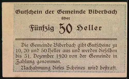 Notgeld Biberbach 1920, 50 Heller, Landschaftsmotiv mit Kirche und Dorfansicht