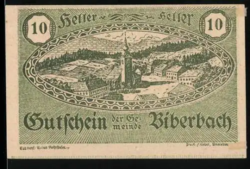 Notgeld Biberbach 1920, 10 Heller, Dorflandschaft und Sense-Motiv