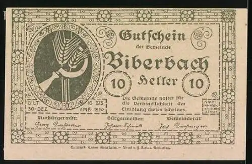 Notgeld Biberbach 1920, 10 Heller, Dorflandschaft und Sense-Motiv