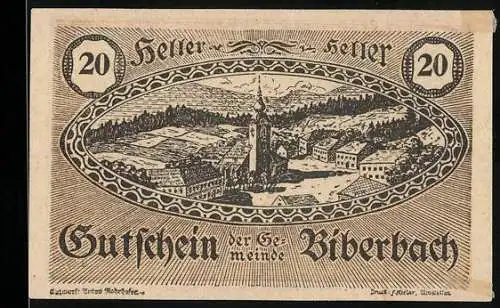 Notgeld Biberbach 1920, 20 Heller, Dorfansicht und Getreidebündel-Motiv