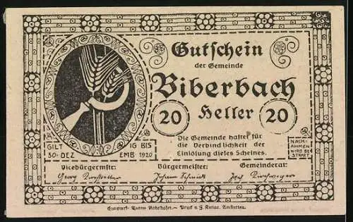Notgeld Biberbach 1920, 20 Heller, Dorfansicht und Getreidebündel-Motiv