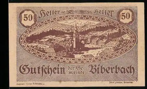 Notgeld Biberbach 1920, 50 Heller, Ortsansicht und stilisiertes Wappenmotiv