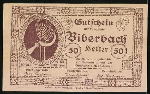 Notgeld Biberbach 1920, 50 Heller, Ortsansicht und stilisiertes Wappenmotiv