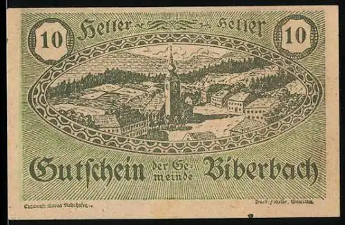 Notgeld Biberbach 1920, 10 Heller, Landschaftspanorama und Wappen mit Sichelmotiv