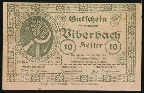 Notgeld Biberbach 1920, 10 Heller, Landschaftspanorama und Wappen mit Sichelmotiv