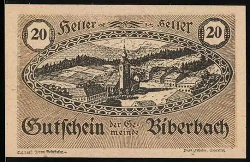 Notgeld Biberbach 1920, 20 Heller, Dorflandschaft und Weizenmotiv