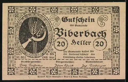 Notgeld Biberbach 1920, 20 Heller, Dorflandschaft und Weizenmotiv