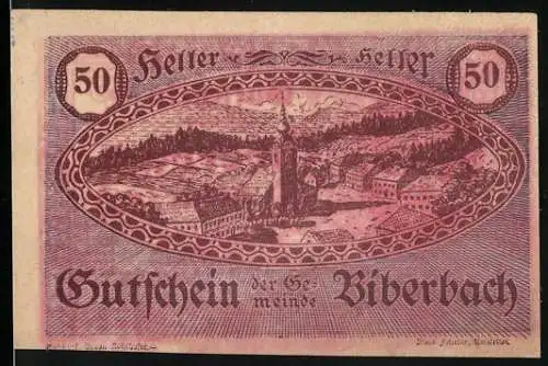 Notgeld Biberbach 1920, 50 Heller, Landschaftsansicht und Bauernsymbolik