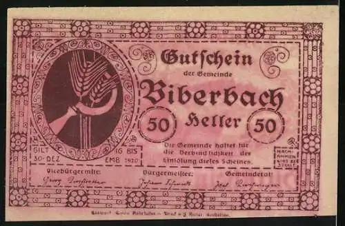 Notgeld Biberbach 1920, 50 Heller, Landschaftsansicht und Bauernsymbolik