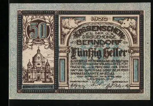 Notgeld Berndorf 1920, 50 Heller, Stadtwappen und Architekturmotiv