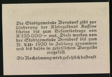 Notgeld Berndorf 1920, 20 Heller, Bärenmotiv und Textmuster