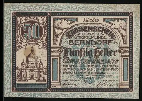 Notgeld Berndorf 1920, 50 Heller, Kirche und dekorative Ornamente