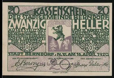 Notgeld Berndorf 1920, 20 Heller, Bär mit Bäumen und Wappen, Text zur Ausgabe und Einlösung