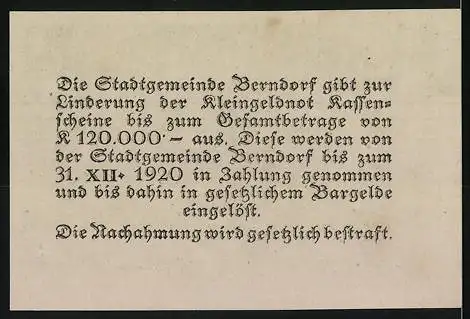 Notgeld Berndorf 1920, 20 Heller, Bär mit Bäumen und Wappen, Text zur Ausgabe und Einlösung