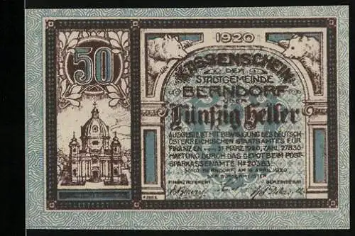 Notgeld Berndorf 1920, 50 Heller, Kirche und dekorative Ornamente