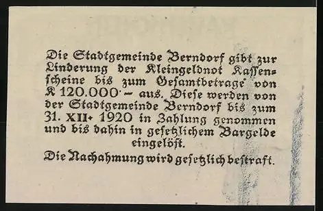 Notgeld Berndorf 1920, 30 Heller, Bär und Tanne Motiv, Kassenzeichen der Stadtgemeinde