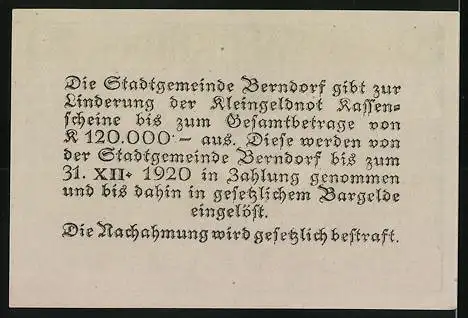 Notgeld Berndorf 1920, 20 Heller, Stadtwappen, Kassenvermerk und Text auf Rückseite