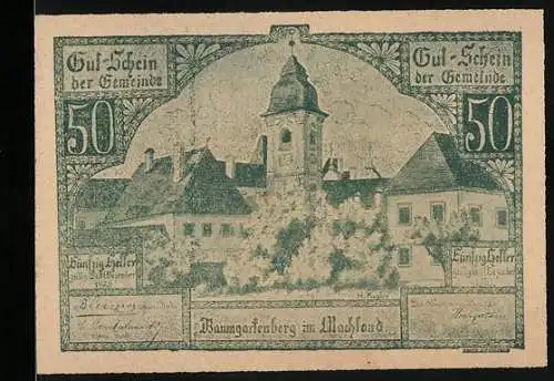 Notgeld Baumgartenberg, 50 Heller, Abbildung eines Gebäudekomplexes mit Turm und Bäumen