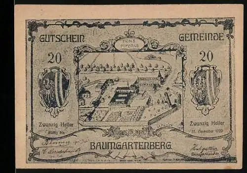 Notgeld Baumgartenberg 1920, 20 Heller, Klosteransicht und Wappen, Serie A