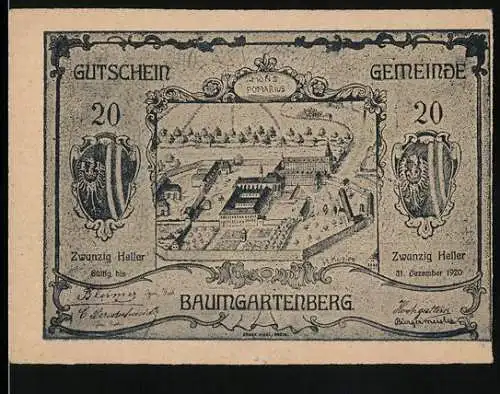 Notgeld Baumgartenberg 1920, 20 Heller, Klosteransicht und Wappen