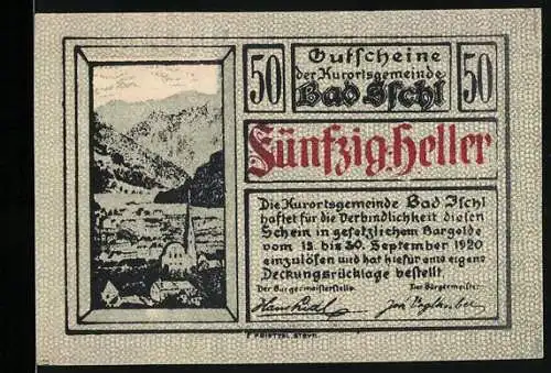 Notgeld Bad Ischl 1920, 50 Heller, Landschaft mit Kirche und Hirschwappen