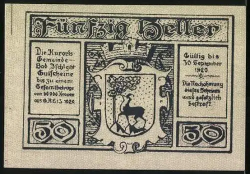 Notgeld Bad Ischl 1920, 50 Heller, Landschaft mit Kirche und Hirschwappen