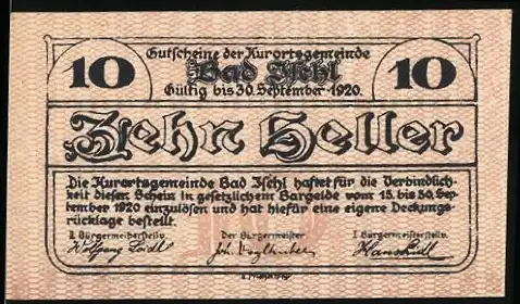 Notgeld Bad Ischl 1920, 10 Heller, Landschaftsmotiv mit Fluss und Kreuz