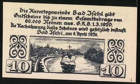 Notgeld Bad Ischl 1920, 10 Heller, Landschaftsmotiv mit Fluss und Kreuz