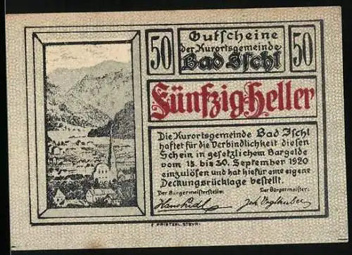 Notgeld Bad Ischl 1920, 50 Heller, Landschaft und Hirschwappen, gültig bis 30. September 1920