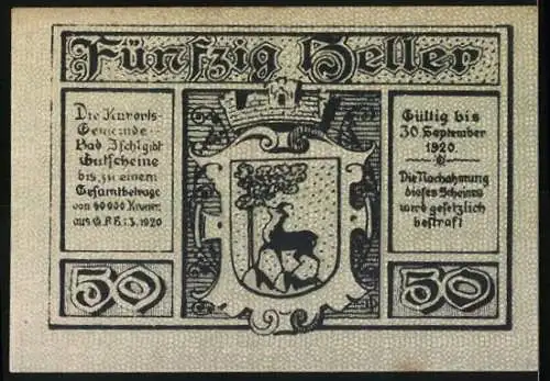 Notgeld Bad Ischl 1920, 50 Heller, Landschaft und Hirschwappen, gültig bis 30. September 1920