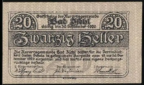 Notgeld Bad Ischl 1920, 20 Heller, Text und Gebäudeansicht, gültig bis 30. September