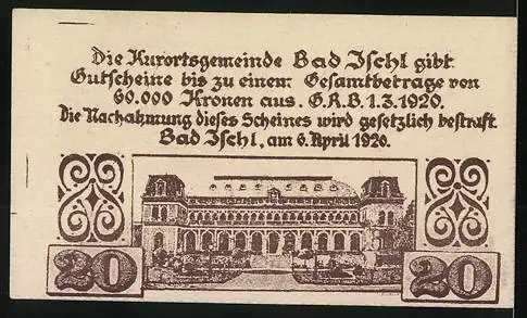 Notgeld Bad Ischl 1920, 20 Heller, Text und Gebäudeansicht, gültig bis 30. September