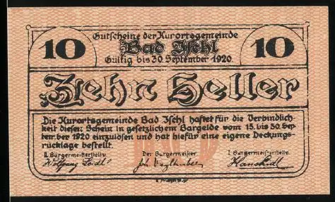 Notgeld Bad Ischl 1920, 10 Heller, Flusslandschaft mit Kreuz und Dorfansicht